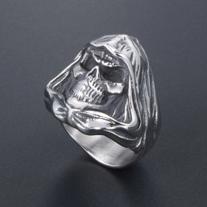 Gothic hooded skull ring in stainless steel for men with high relief carving detail
