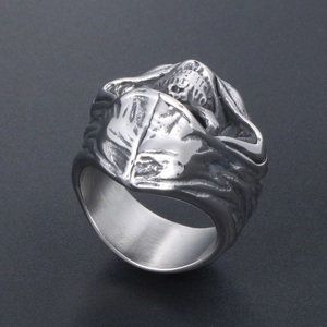 Gothic hooded grim reaper skull ring in matte silver-gray titanium steel finish