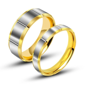 Bagues de couple bicolores en acier titane or et argent avec rainures géométriques