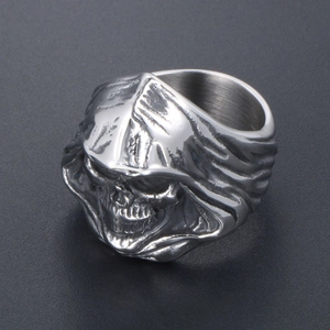 Gothic skull ring for men in silver stainless steel featuring a hooded reaper relief