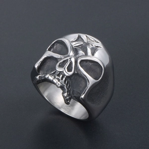 Men's titanium steel skull ring with star emblem in gothic punk silver finish