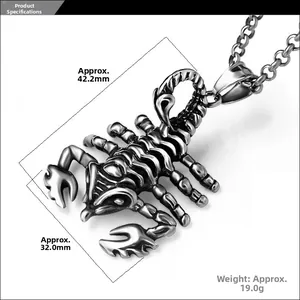 Macro shot of punk scorpion pendant showing dimensions 42.2mm by 32.0mm and vintage texture
