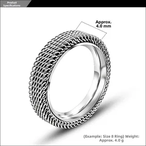 Macro detail of silver mesh weave ring showing 4.0mm width and polished inner band