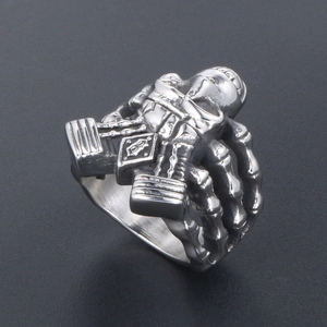Gothic punk skull ring in silver titanium steel with skeleton design for men