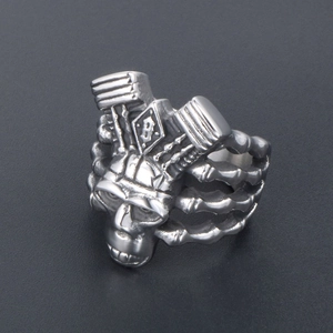 Punk titanium steel skull ring with mechanical engine design for men in vintage silver