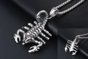 Detailed macro view of polished silver scorpion pendant with intricate texture