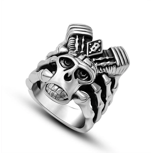 Men's punk skull ring in antique silver with mechanical piston design and B engraving