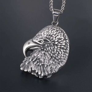 Men's titanium steel eagle head pendant necklace with intricate feather detailing