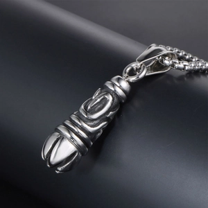 Gothic titanium steel necklace featuring a silver cylindrical pendant with geometric carvings