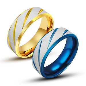 Men Titanium Steel Two Tone Brushed Ring Personalized Blue Gold Black Fashion Grooved Geometric Band Finger Ring Jewelry Gift