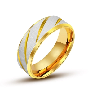 Men's titanium steel ring with gold-silver contrast and diagonal brushed texture finish