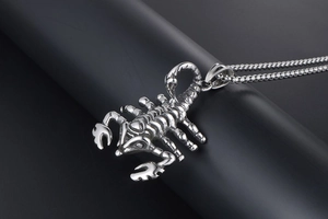 Macro detail of scorpion pendant with intricate texture on stainless steel chain