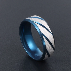 Blue and silver titanium steel men's ring with brushed texture and geometric lines