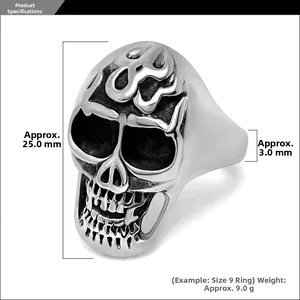 Macro detail of men's skull ring with dimensions showing height and weight specifications