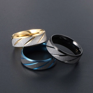 Mens titanium steel rings with brushed grey finish and gold blue black inner bands