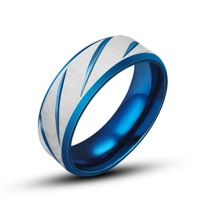 Men's titanium steel ring with silver brushed surface and blue grooved accents
