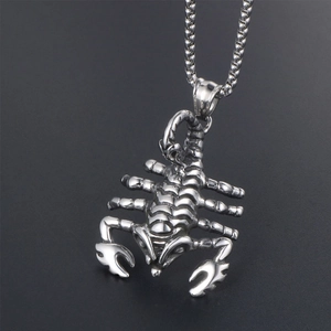 Mens stainless steel scorpion pendant necklace with 3D animal details and silver curb chain