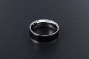 Detailed view of bicolor titanium steel ring with matte black center and silver edges