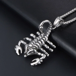 Men's silver scorpion pendant necklace in stainless steel with a sturdy box chain