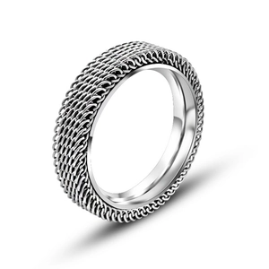 Industrial silver stainless steel double mesh textured ring with a smooth inner band
