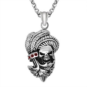 Collier Pendentif Crâne et Plume en Acier Inoxydable Punk Avec Strass Rouges Bijoux Gothique Biker pour Hommes Cadeau Halloween