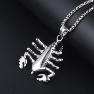Detailed silver scorpion pendant necklace in stainless steel with elegant box chain