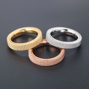 Classic triple-color woven titanium steel mesh rings set in gold, silver, and rose gold