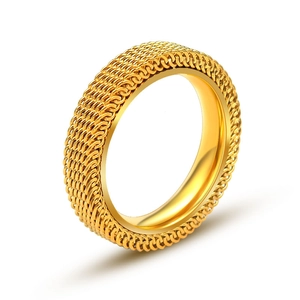 Modern gold plated stainless steel mesh chain ring featuring a woven link texture