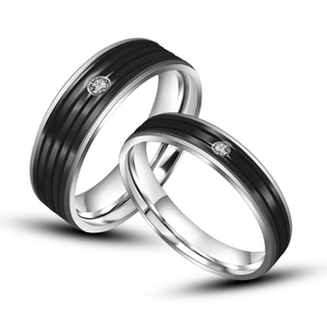 Bague en Acier au Titane pour Hommes Femmes Minimaliste Rayée Noire Avec Strass Incrusté Bijoux Polis Mariage Mode