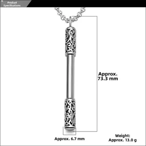 Macro shot of stainless steel staff pendant necklace with 73.3mm length measurement