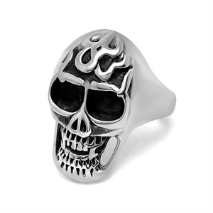 Men Vintage Titanium Stainless Steel Skull Ring Flame Pattern Gothic Punk Biker Band Rings For Men Cool Fashion Jewelry