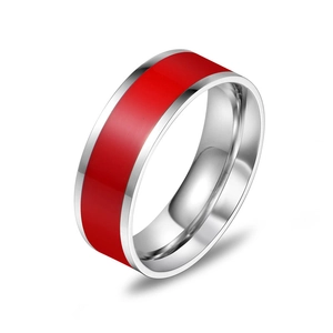 Neutral titanium steel ring with vibrant red enamel inlay and polished silver finish