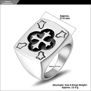 Detailed specs showing a 21mm retro cross signet ring for men made of durable titanium steel