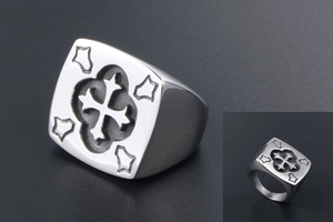 Close-up detail of vintage gothic silver tone cross signet ring for men in titanium steel