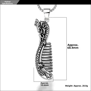 Detail view of dragon-themed comb pendant necklace with size dimensions and antique finish