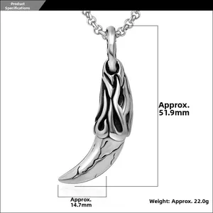 Macro detail of vintage steel wolf tooth pendant with flame carvings and chain dimensions