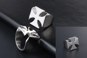 Detailed view of stainless steel Iron Cross ring with high polish finish and biker style