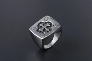 Detail of vintage square cross signet ring in brushed titanium steel for men
