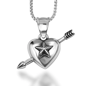 Polished stainless steel heart pendant necklace with star and cupid arrow on box chain