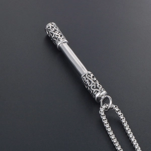 Polished silver cylinder pendant necklace with carved patterns and box chain