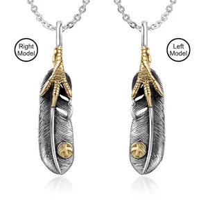 Vintage Titanium Steel Feather Eagle Claw Pendant Necklace For Men Women Distressed Stainless Steel Ethnic Style Jewelry