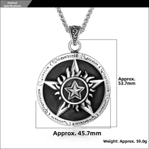 Detailed view of pentagram pendant showing 45.7mm diameter and 59.0g weight specs