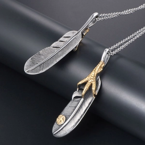 Vintage silver feather necklace set with eagle claw pendant and antique oxidized finish