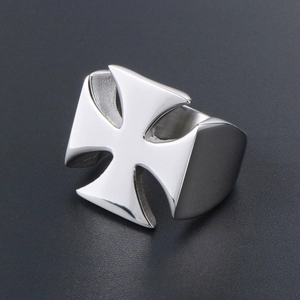 Polished silver stainless steel ring featuring a cutout Maltese cross design on top