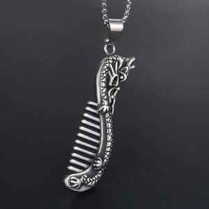 Retro stainless steel dragon comb pendant necklace with intricate relief and square bead chain