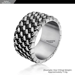 Macro view of vintage braided titanium steel ring with 11.2mm width and punk texture