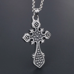 Sleek silver stainless steel cross pendant necklace with vintage embossed texture