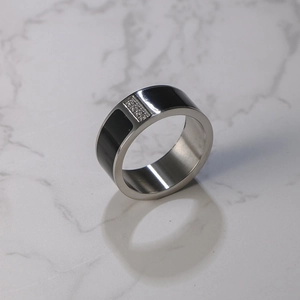 Titanium steel couple ring with black enamel inlay and six sparkling cubic zirconia stones