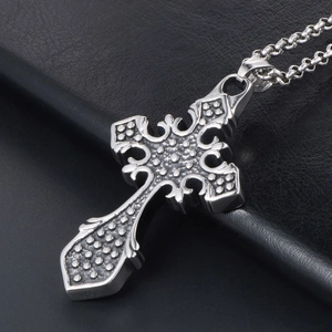 Gothic retro stainless steel cross pendant necklace with textured finish for men and women