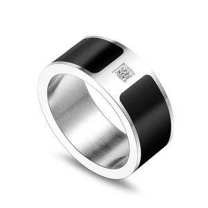 Titanium steel couple ring featuring black enamel inlay and a centered square zircon stone